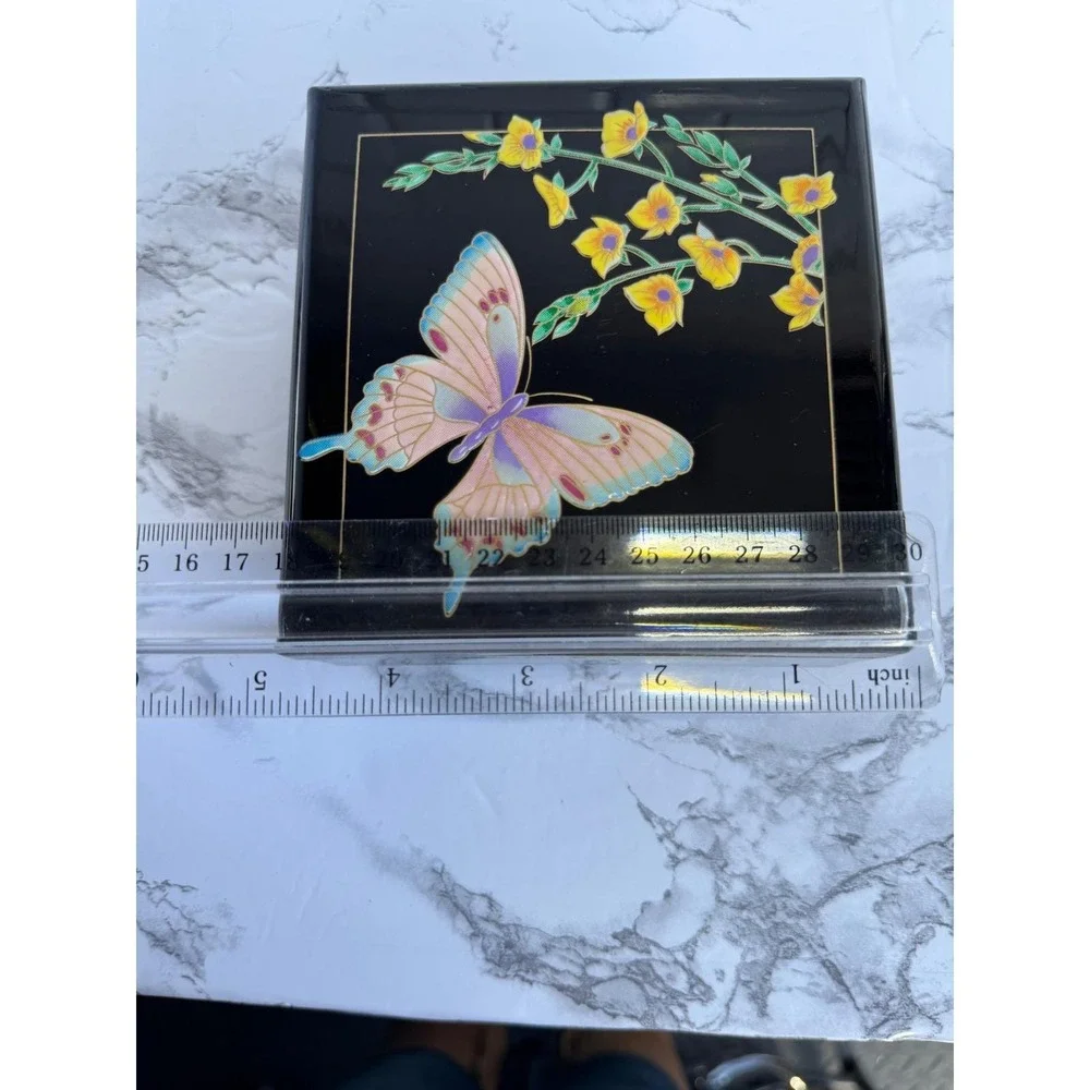 San Francisco Music Box Company Black Butterfly Floral Lacquer Jewelry Box